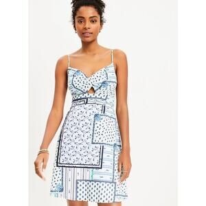 Loft Womens Patchwork Cutout Mini Dress 14 Green Blue Floral Smocked Cotton